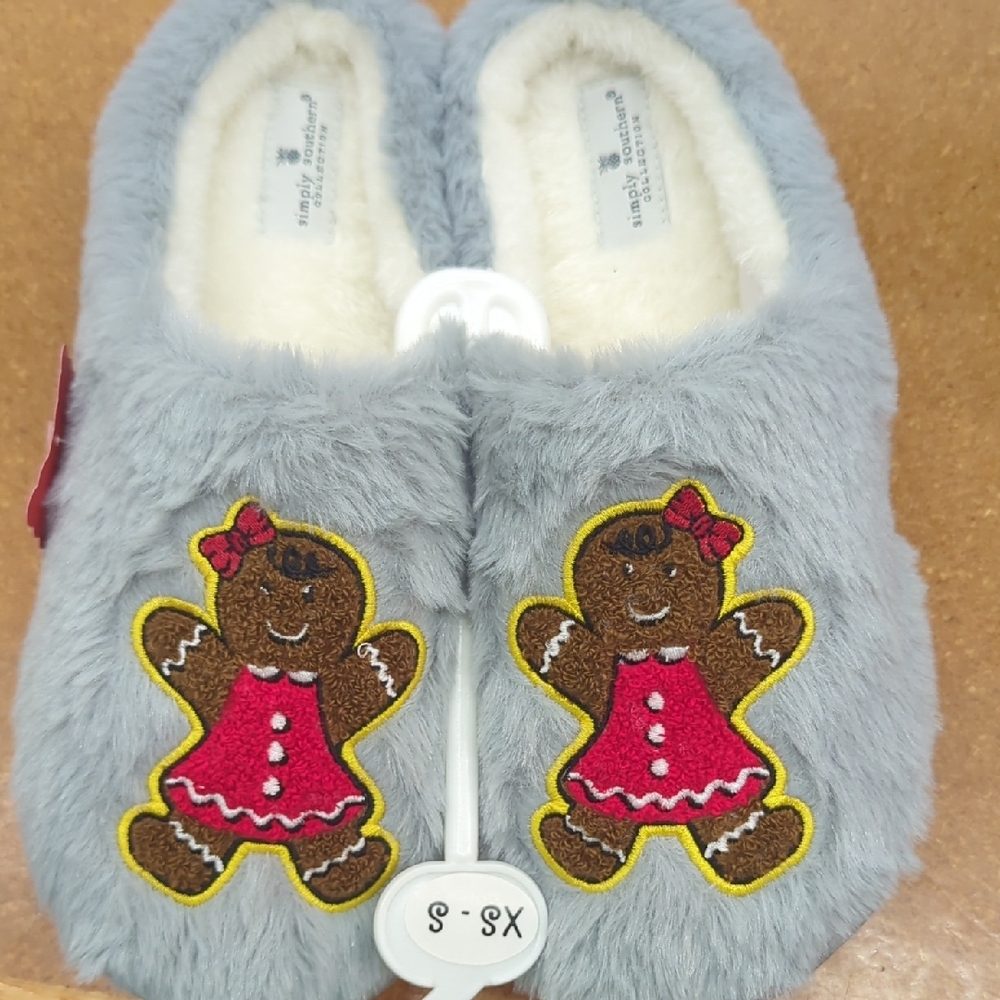 Gray Slippers with Gingerbread Design